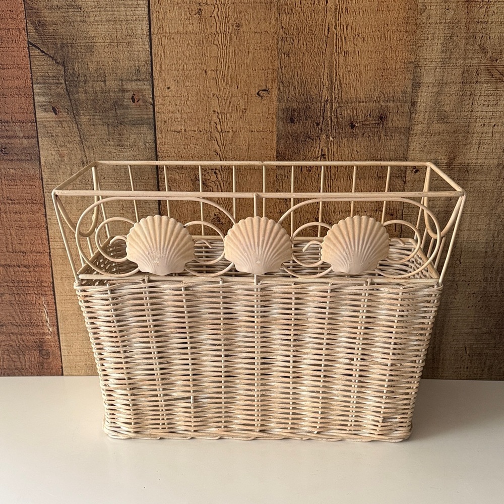 Vintage shell wire and wicker storage basket magazine rack